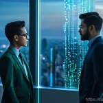 Home 20 기업가치평가사 미래 산업 분석 - A group of diverse business professionals, sharp and focused, in a sleek, futuristic high-rise offic...