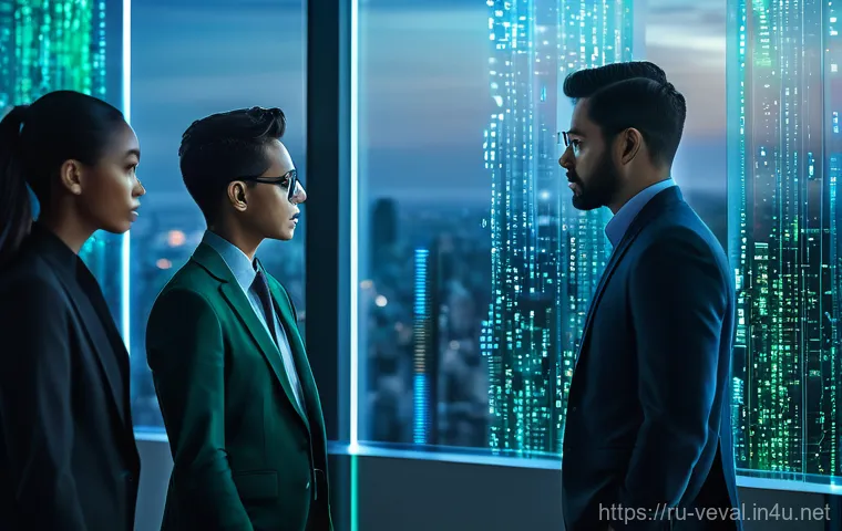 기업가치평가사 미래 산업 분석 - A group of diverse business professionals, sharp and focused, in a sleek, futuristic high-rise offic...